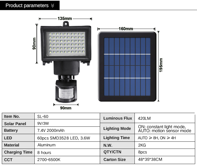 Motion Sensor Security Light Xinree SL-60 60LED IP65 Solar Lamps for Garden and Home